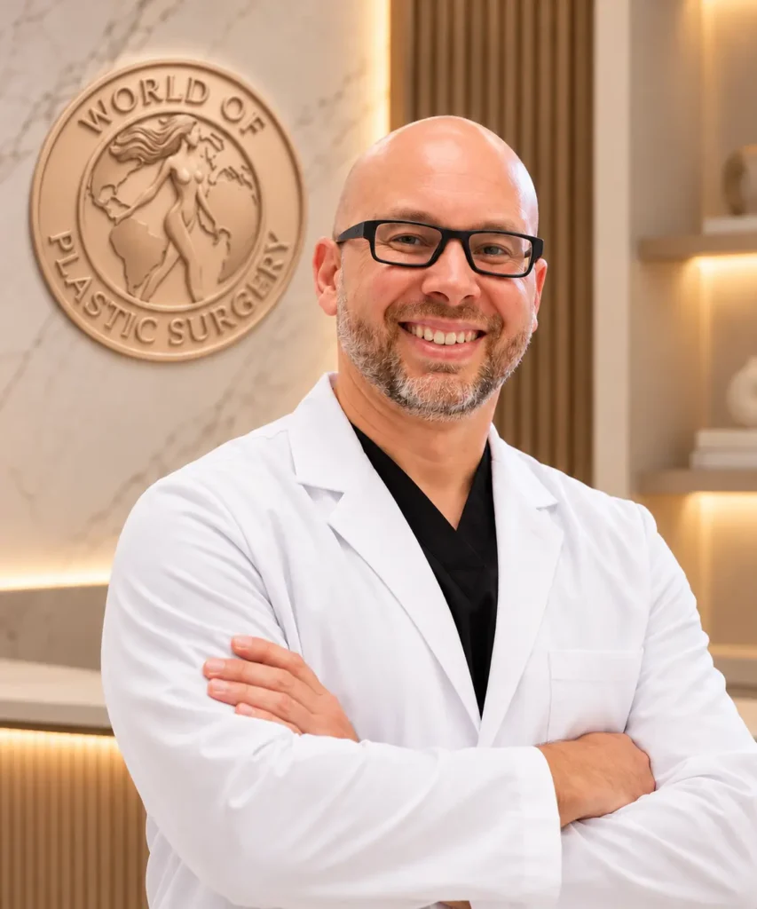 Dr. Edgar T. Sosa wearing a white medical coat at World of Plastic Surgery in the Orlando area.