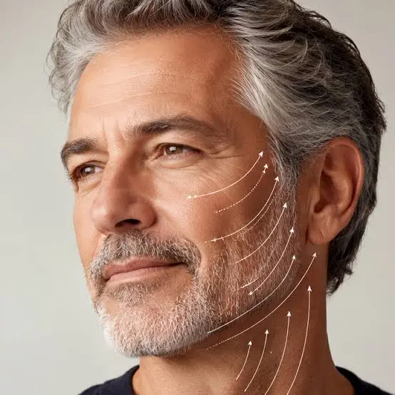 Mature man showing facial and jawline rejuvenation for men’s facelift at WOPS